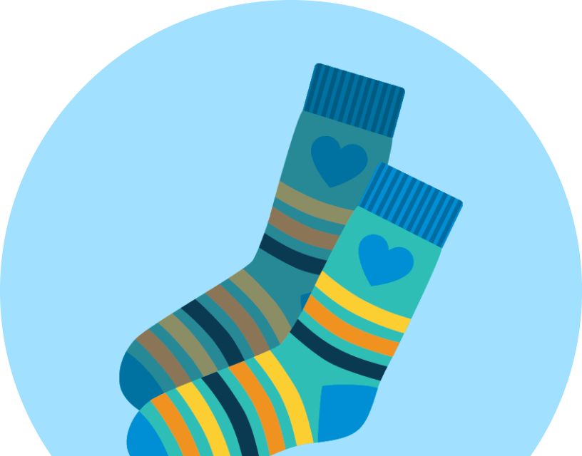 Graphic of socks with stripes and hearts on blue background