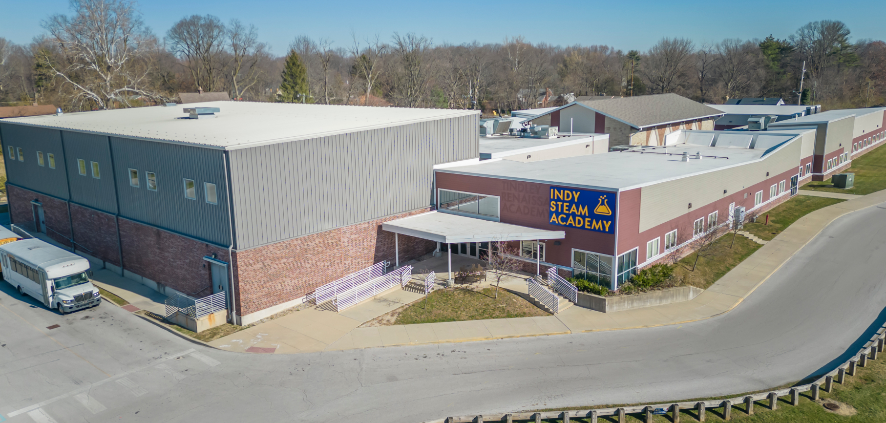 Exterior aerial view of Indy STEAM Academy building