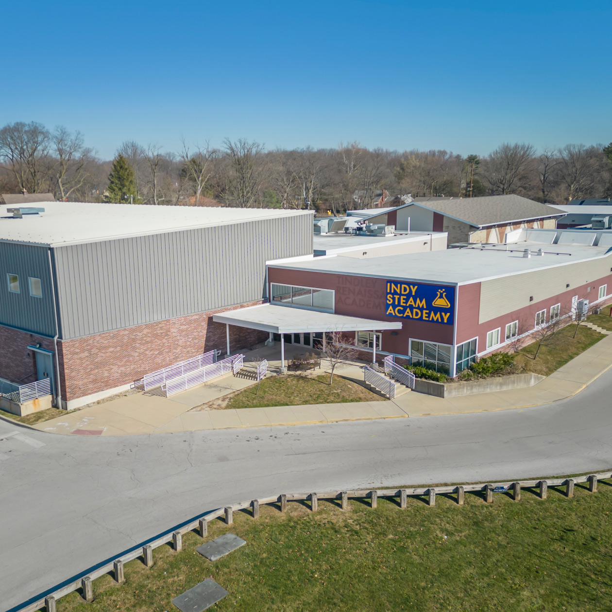 Exterior aerial view of Indy STEAM Academy building