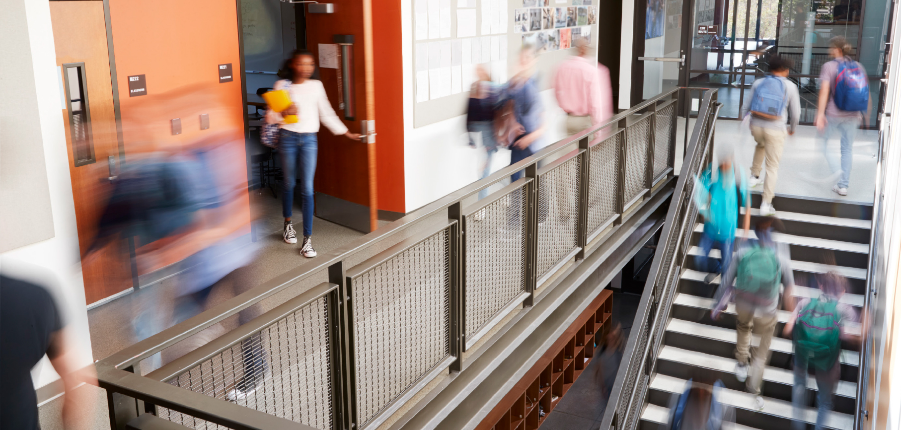 Active picture of kids walking in a hallway