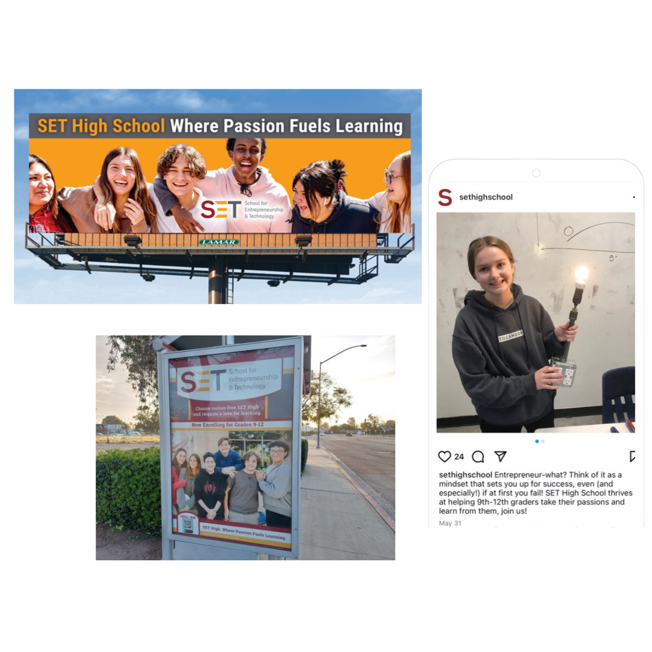 Social media post and billboard example for SET Charter School
