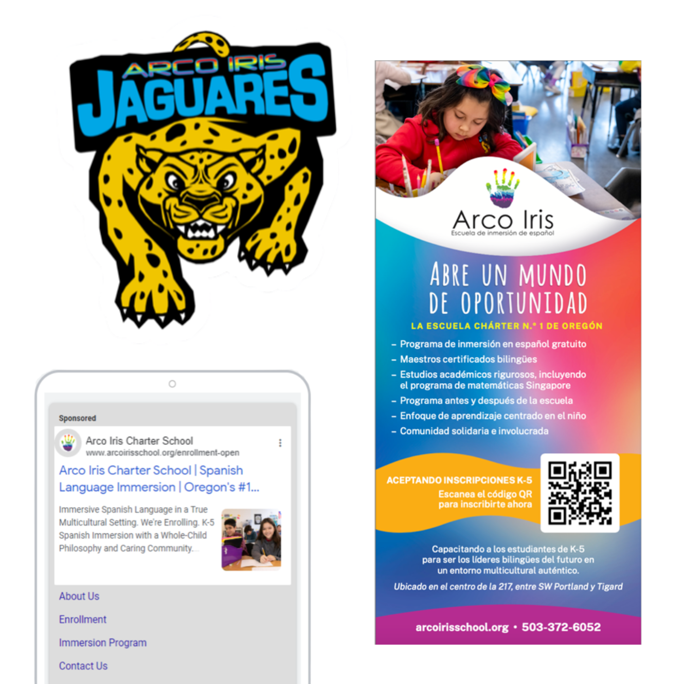 Sticker and brochure example from Charter School Arco Iris