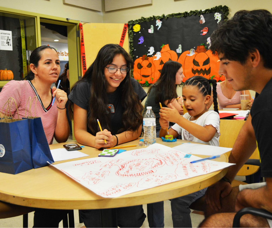 Parents and students sit around a table in a classroom and write on a large piece of paper. 