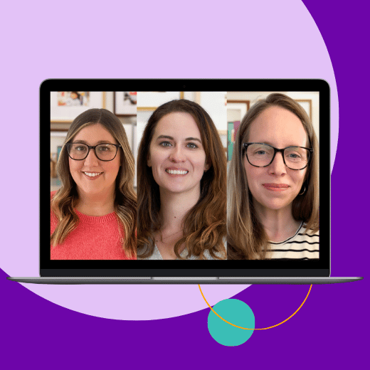 Three women's headshots inside a laptop with a purple background
